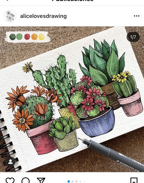 Colourful Vases, W Drawing, Succulents Drawing, Plant Sketches, Markers Drawing Ideas, Line Art Flowers, Abstract Art Diy, Cactus Art, Southwest Art