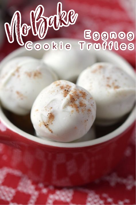 Eggnog Cookie Truffles – Easy no bake truffles made from eggnog cookie dough and rolled with white chocolate! These truffles are perfect for the holidays or as a dessert for any party! Eggnog Truffles | Eggnog Dessert Recipes | No Bake Truffle Recipes Egg Nog Truffles Easy, Eggnog Truffles Easy, Eggnog Baking Recipes, Eggnog Dessert Recipes, Truffles Easy No Bake, Eggnog Truffles, Eggnog Desserts, Truffles Candy, Eggnog Cookie