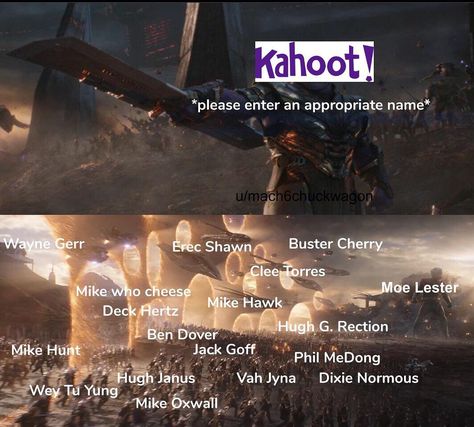 Keep this post in mind if you ever need to find a good Kahoot name. u/mach6chuckwagon Kahoot Names, Bad Memes, Roblox Memes, Life Memes, Daily Memes, Edgy Memes, Funny Pins, Best Memes, Funny Posts