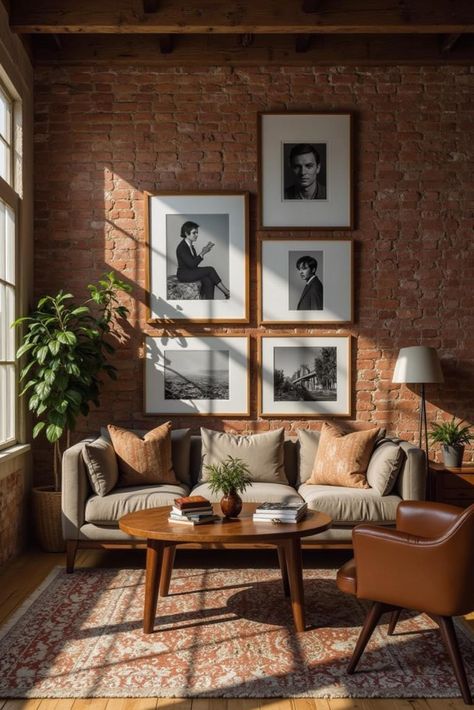 Sophisticated Industrial Style Living Room. Exposed brick wall & gallery wall create a warm industrial interior with modern industrial decor.  Perfect Industrial Home Design inspiration! Modern Industrial Bedroom, Rustic Industrial Kitchen, Urban Interior Design, Brick Living Room, Industrial Style Living Room, Warm Industrial, Dining Room Industrial, Modern Industrial Decor, Dark Wood Furniture