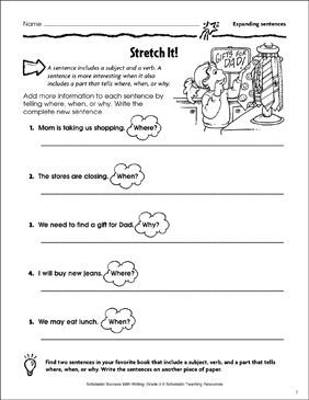 Add details and descriptions to your sentences to make them more interesting and engaging. Use more adjectives, adverbs, and prepositional phrases to paint a vivid picture for your Stretching Sentences, Handwriting Practice Sentences, Writing Worksheets Kindergarten, Expanding Sentences, Complex Sentences Worksheets, Writing Sentences Worksheets, Combining Sentences, Sentence Writing Activities, Learning Websites For Kids