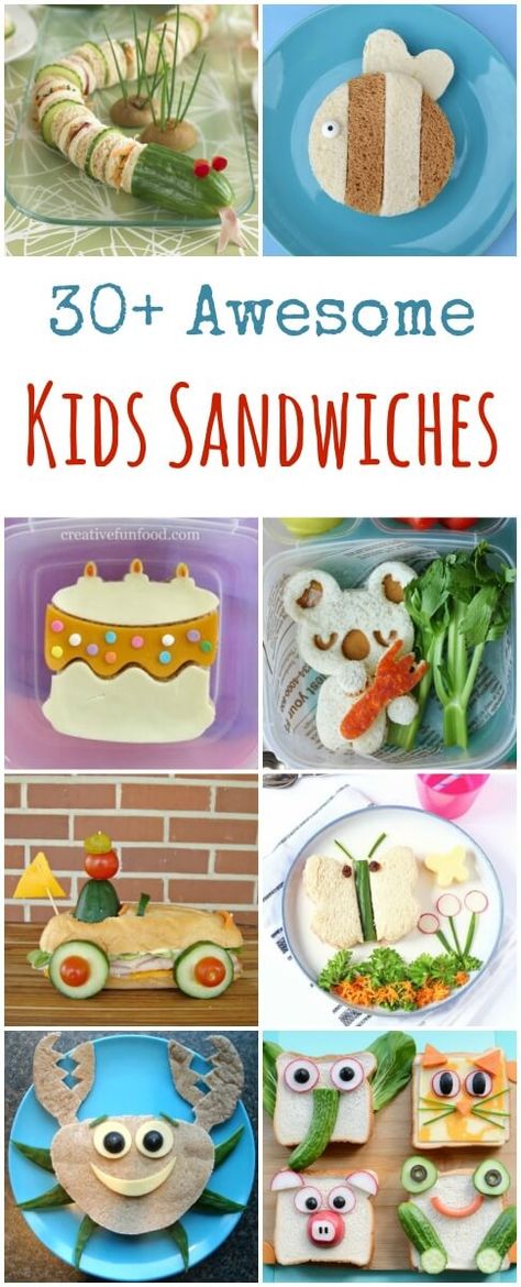 Over 30 fun sandwiches for kids - these cute sandwich ideas are perfect for lunch boxes and party food too - Eats Amazing UK Kids Sandwich Ideas, Fun Sandwiches For Kids, Kids Sandwiches, Sandwiches For Kids, Fun Sandwiches, Childrens Party Food, Kids Cooking Party, Kid Sandwiches, Creative Sandwich