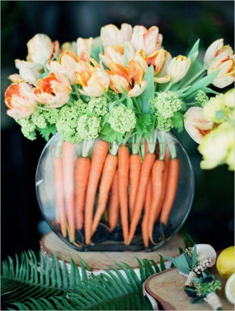 Orange tulips and carrot arrangement for a pretty addition to your Easter table. Captured By: Kirill Bordon Tafel Decor, Spring Bridal Shower, Orange Tulips, Spring Centerpiece, Easter Flowers, Bouquet Arrangements, Easter Brunch, Deco Floral, Vibrant Flower