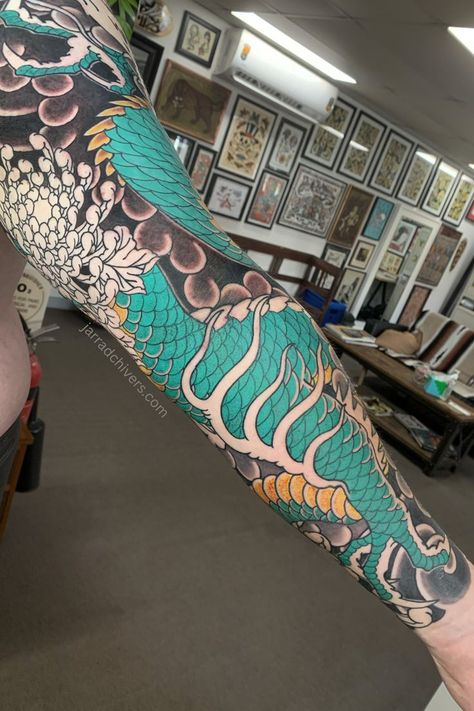 In progress Green Dragon Japanese Sleeve Tattoo Green Dragon Tattoo, Dragon Tattoo Sleeve, Dragon Tattoo Japanese, Japanese Sleeve Tattoo, Dragon Japanese, Dragon Tattoo Ideas, Dragon Sleeve, Japanese Dragon Tattoo, Tattoo Japanese