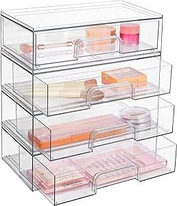 Vtopmart 12''W Clear Stackable Storage Drawers,4 Pack Acrylic Plastic Organizers Bins for Makeup Palettes, Cosmetics, and Beauty Supplies,Ideal for Vanity, Bathroom,Cabinet,Desk Organization Makeup Storage Ideas, Acrylic Drawer Organizer, Makeup Bathroom, Cabinet Pantry, Plastic Drawer Organizer, House Organization, Stackable Storage Boxes, Acrylic Drawers, Makeup Storage Box