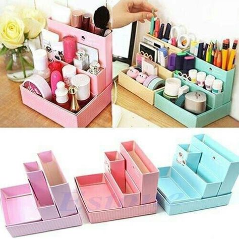 Organización escritorio niñas Penyimpanan Makeup, Diy Desk Decor, Diy Hanging Shelves, Desk Diy, Dekor Diy, Kraf Diy, Diy Simple, Paper Board, Diy Stationery