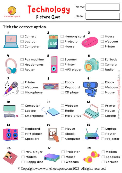 Technology Worksheets For Kids, Technology Activities For Kids, English Level Test, Technology Worksheets, Technology Vocabulary, Quiz For Kids, English Poster, Vocabulary Test, Quizzes For Kids