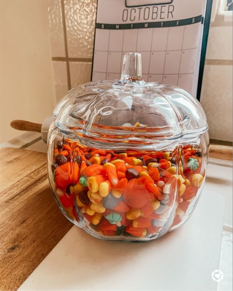 Fall Target Decor, Clear Pumpkin Jar Decor, Fall Candy Jar Ideas, Diy Halloween Centerpieces, Pumpkin Candy Jar, Glass Pumpkin Jar, Target Halloween Decor, Kitchen Jars Decor, Corn Decorations