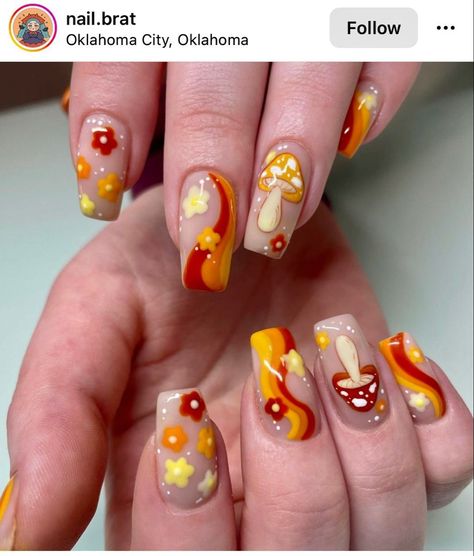 Short Acrylic Nails Mushroom, Fall Mushroom Nail Art, Orange Mushroom Nails, Groovy Retro Nails, 70s Fall Nails, Cute Fall Nail Designs Acrylics, 70s Retro Nail Art, Fall Nails Mushroom, 70’s Nail Designs