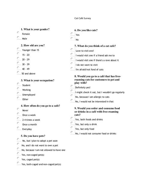 Sample survey questions on Cat Cafe Questionnaire Sample, Survey Questionnaire, Survey Questions, Hanging With Friends, Cat Cafe, Juice Bar, Cafe Shop, Bettering Myself, Reading Material