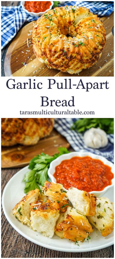 Garlic Pull-Apart Bread on a wooden board and on a plate with marinara and parsley. Pull Apart Garlic Butter Bundt Bread, Garlic Bread Bundt Pan, Garlic Bubble Bread Pull Apart, Bundt Pan Garlic Bread, Pull Apart Garlic Bread Bundt Pan, Garlic Herb Pull Apart Bread, Savory Bundt Pan Recipes, Bundt Pan Bread, Pull Apart Bread Appetizer