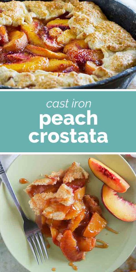 Sweet summer peaches fill this rustic pie baked in a cast iron skillet. This Cast Iron Peach Crostata Recipe will be on repeat during peach season! Peach Crostata, Rustic Pie, Peach Frozen Yogurt, Crostata Recipe, Peach Galette, Summer Fruit Recipes, Fresh Peach Recipes, Taste And Tell, Iron Skillet Recipes