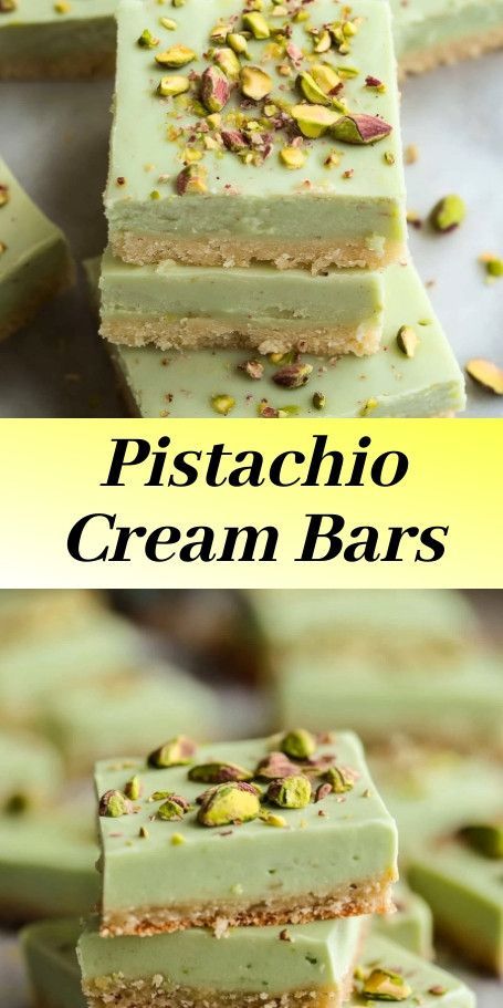 #Pistachio Delight Cream Bars: Perfect mix of creamy and nutty flavors, with a crunchy crust and light, whipped topping. Easy and irresistible treat for any occasion! Pistachio Delight, Pistachio Bars, Pistachio Filling, Pistachio Recipes, Pistachio Cream, Cream Filling, Whipped Topping, Pinterest Pin, Cookies And Cream