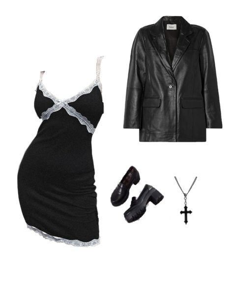 Black Outfit Board, Grunge Outfits Png, Dark Feminine Clothes Png, Stargirl Outfits, Elena Gilbert Leather Jacket Outfit, Goth Outfits Leather Jacket, Alternative Style Black Leather Jacket, Couqutte Aesthetic Dark Outfits, Black Dress Outfit Party