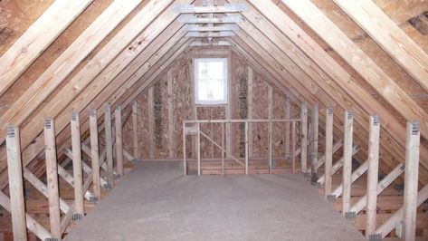 garage stairway to attic | On this St Paul Garage we used a 10/12 room in attic truss with LP ... Attic Truss, Attic Library, Attic Shelves, Garage Attic, Attic Office, Attic Lighting, Attic Doors, Attic Closet, Attic Playroom