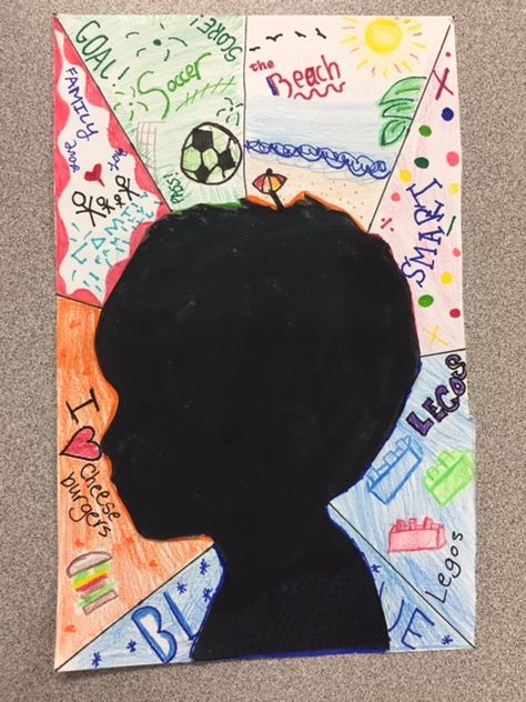 3rd Class Art Ideas, Picasso Self Portrait Art Lesson, All About Me Silhouette Art, Easy Grade 1 Art Ideas, Self Portrait Activities For Kids, About Me Art Projects For Kids, Open House Art Projects For Kids, Self Portrait Elementary Art, All About Me Collage Ideas