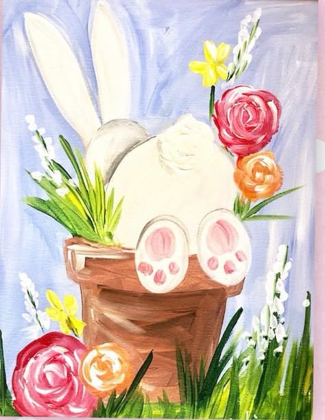 Easter Canvas Painting, Easter Drawings, Easter Paintings, Paint Night Ideas, Easter Canvas, Paint Party Ideas, Bunny Painting, Beach Pink, Sip And Paint