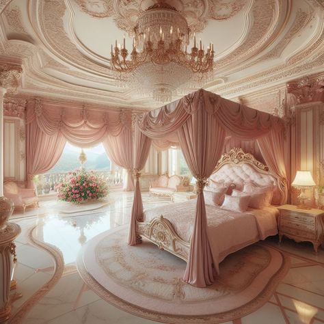 Pink Bedroom Princess, Royal Pink Bedroom, Pink Castle Bedroom, Fantasy Princess Bedroom, Royal Princess Bedroom, Mansion Bedroom Aesthetic, Princess Bedroom Ideas For Women, Princess Room Royal, Pink Royal Bedroom