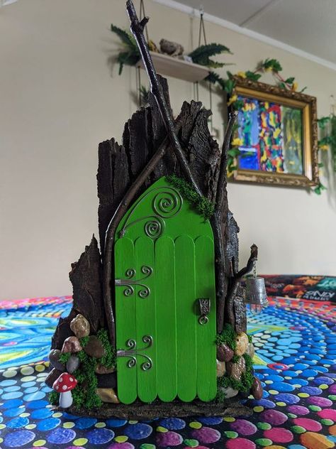 fairy houses crafting | This is my 1st fairy door made mainly from Popsicle sticks and bark that fell off my tree | Facebook Fairy Garden Door Diy, Large Fairy Garden, Diy Fairy Door, Gothic Dollhouse, Fairy Garden Doors, Fairy Crafts, Painted Rocks Diy, Fairy Garden Houses, Diy Fairy