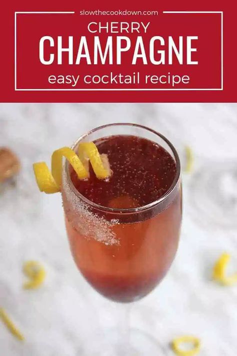 This cherry champagne cocktail recipe is an elegant and easy drink to serve at brunch or as a welcome drink and it's pretty perfect for Valentine's Day. This 3 ingredient cocktail is easy to make with homemade cherry simple syrup that can be made ahead of time for easy entertaining. Fresh, light and fruity, you can make this with champagne or prosecco. #champagnecocktail #cherrycocktail #valentinescocktail Champagne Batch Cocktail, Cherry Champagne Cocktail, Breakfast Cocktails Champagne, Cherry Champagne, Cherry Simple Syrup, Valentines Day Champagne Cocktails, Easy Shrimp Cocktail, Galentines Cocktails Champagne, Celebration Food