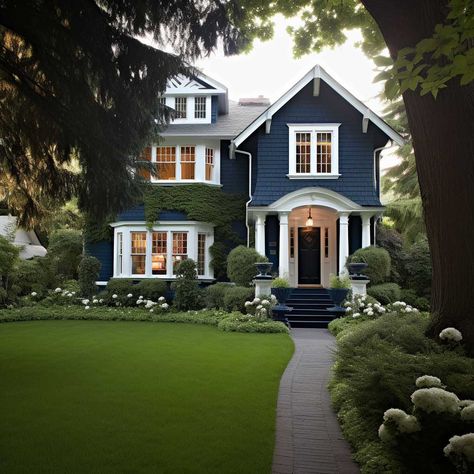 10+ Bold Exterior House Paint Ideas for a Striking First Impression • 333+ Art Images Navy Blue House Exterior, Exterior House Paint Ideas, Bungalow Exterior Colors, House Paint Ideas, Blue Home Exterior, Navy Blue Houses, Exterior House Paint, Bungalow Exterior, Popular Paint Colors