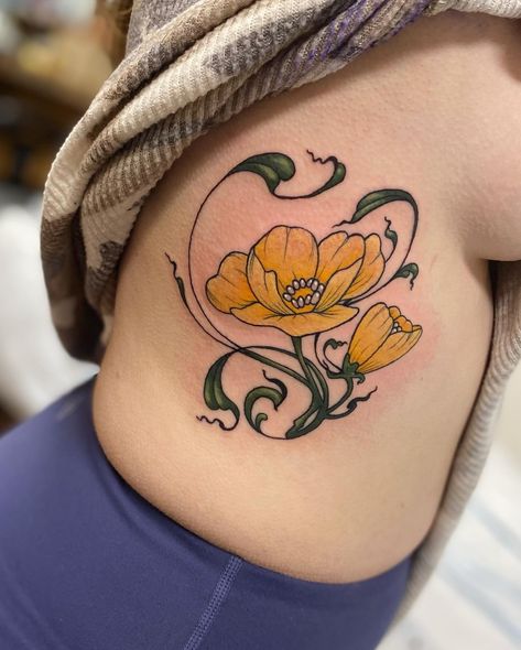 Yellow Floral Tattoo, Yellow Flower Tattoo, Neo Traditional Flowers, Yellow Tattoos, Art Nouveau Floral Tattoo, Yellow Flower Tattoos, Tattoo On The Side, Yellow Tattoo, Botanical Tattoos