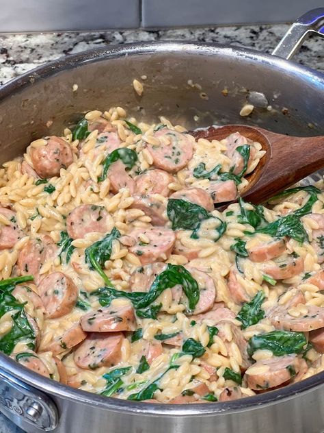 One Pan Orzo with Chicken Sausage Dinner With Chicken Sausage, Buffalo Chicken Sausage, Chicken Sausage One Pan Recipes, Orzo And Kielbasa, Buffalo Chicken Sausage Recipes, Sausage Orzo, Sausage Orzo Recipes, Sausage And Orzo Recipe, Orzo Chicken Sausage