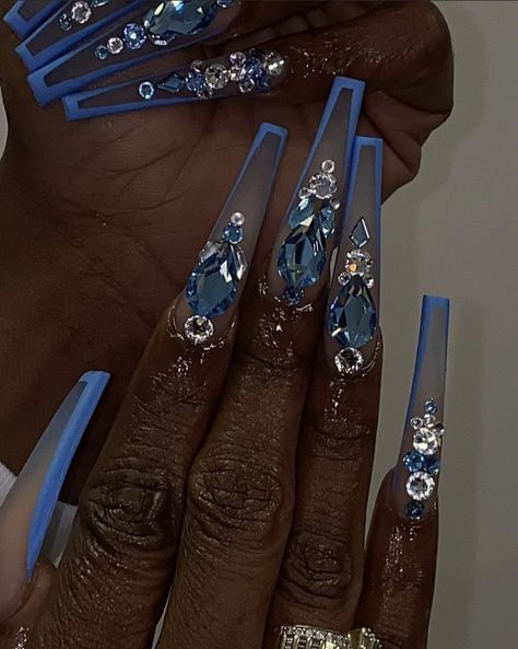 Blue Prom Nails, Quince Nails, Blue And Silver Nails, Quinceanera Nails, Light Blue Nails, Baby Blue Nails, Blue Acrylic Nails, Nails Design With Rhinestones, Exotic Nails