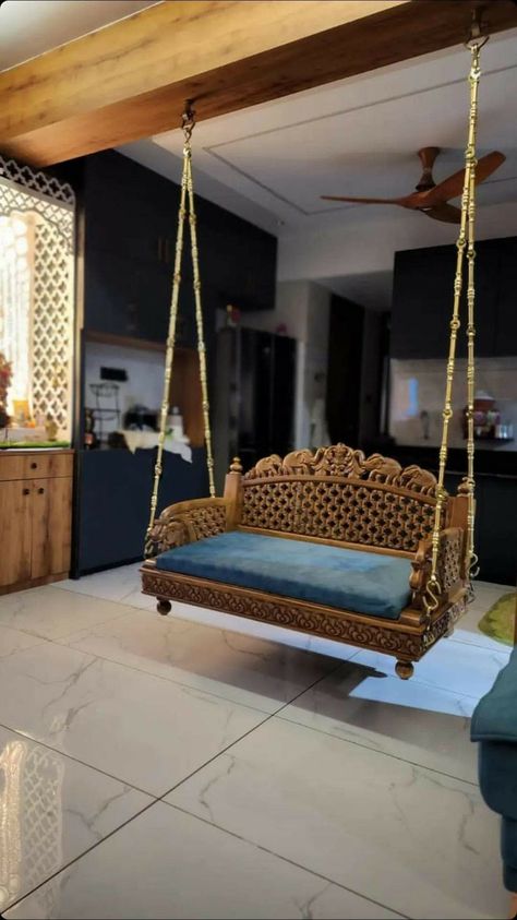 Living Room With Swing, Jhula In Living Room, Space Saving Furniture Tiny Houses, Swing In Living Room, Room Swing, Wooden Front Door Design, India Home Decor, House Interior Design Styles, Temple Design For Home