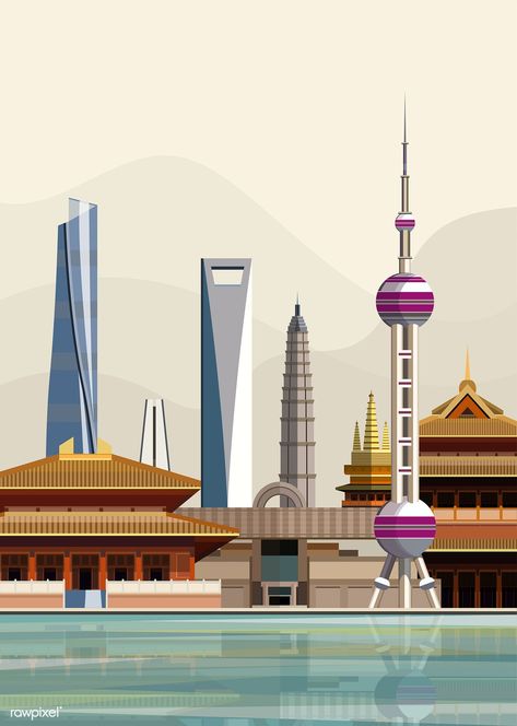 Illustration of Shanghai city landmarks | free image by rawpixel.com Shanghai Travel, Shanghai Skyline, Shanghai Tower, Shanghai City, China City, Future Buildings, City Vector, Free Illustration Images, Architecture Landmark