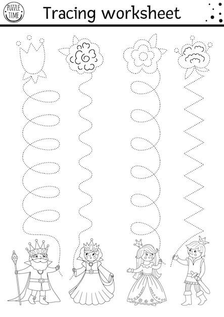 Vector magic kingdom handwriting practic... | Premium Vector #Freepik #vector #prince #princess #trace #prince-princess Princess Learning Activities, Princess Theme Activities, Disney Tracing Worksheets, Princess Worksheets Preschool, Queen Activities For Preschool, Preschool Princess Activities, Fairytale Kindergarten Activities, Prince And Princess Drawing, Princess Worksheets