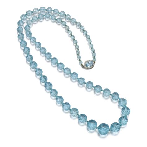 Aquamarine and diamond necklace, 1930s Designed as a graduated line of facetted aquamarine beads, the clasp set with an oval aquamarine and framed by single-cut diamonds, length approximately 800mm, fitted case. Aquamarine Beads Necklace, Jewelry Sketch, Amazing Landscapes, Vintage Jewlery, Beads Work, Jewellery Sketches, Diamond Jewel, Aquamarine Beads, Old Jewelry