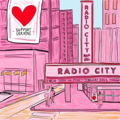 Pink Broadway Aesthetic, New York Pink Aesthetic, Pink City Aesthetic, Pink New York Aesthetic, Pink Radio, Rockettes Christmas, Playlist Pics, Punk Drawing, Nyc Wallpaper