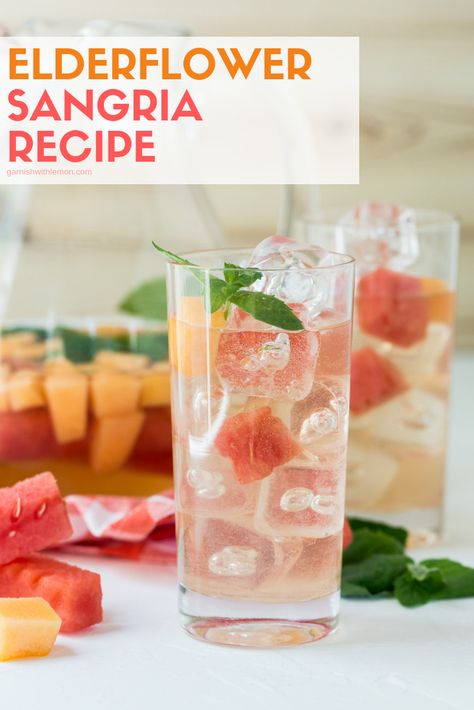 Summer cocktails cannot get any easier (or more delicious) than this simple Elderflower Sangria recipe! #elderflower #rose #sangria #cocktails #watermelon Flower Themed Cocktails, Elderflower Recipes Drinks, Elderflower Liquor Cocktails, Elderflower Sangria, Elderflower Drink, Spicy Cocktails, Courtney Williams, Elderflower Recipes, Sparkling Cocktails