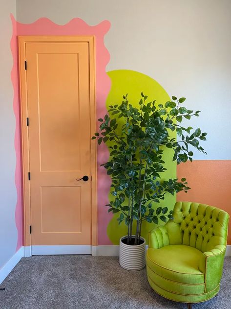 Maximalist Wall Painting, Quirky Painted Walls, Color Block Wall Mural, Funky Paint Ideas For Walls, Bright Accent Wall Bedroom, Eclectic Accent Wall, Colorful Baseboards, Colorful Interior Paint Ideas, Simple Colorful Home Decor