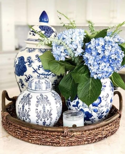 Blue Bird Decor, How To Decorate With Blue And White, Blue And White Vase Arrangement, Decorating With Blue And White Porcelain Kitchen, Chinoiserie Decorating Kitchen, Southern Blue And White Decor, Blue And White Mantle, Blue And White China Decor, Chinoiserie Chic Kitchen