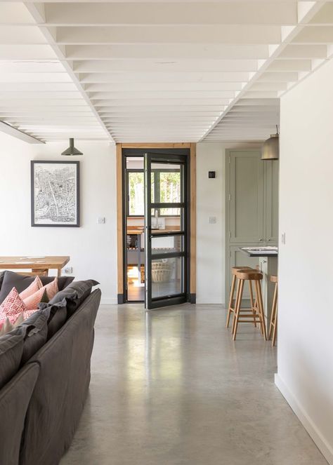 White Beams Ceiling, Polished Concrete Floor Kitchen, Concrete Floors Bedroom, Concrete Floor Kitchen, White Concrete Floors, Concrete Floors Living Room, Concrete Kitchen Floor, Polished Concrete Kitchen, Concrete Floors In House