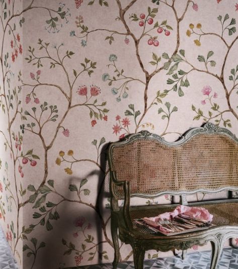 Vintage Living Room Ideas, Pink Floral Wallpaper, Sandberg Wallpaper, Tree Mural, Feature Wallpaper, Yellow Room, Mural Ideas, Custom Wall Murals, Mural Wall