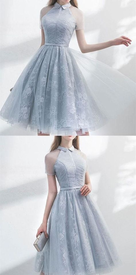 cd0dce8fca267bf1fb86cf43e18d5598desc35515088ri Grey Homecoming Dress, Knee Length Prom Dress, Unique Homecoming Dresses, Elegant Party Dress, Short Sleeves Dress, Prom Dresses Elegant, Tulle Homecoming Dress, Dresses Unique, Elegant Party Dresses