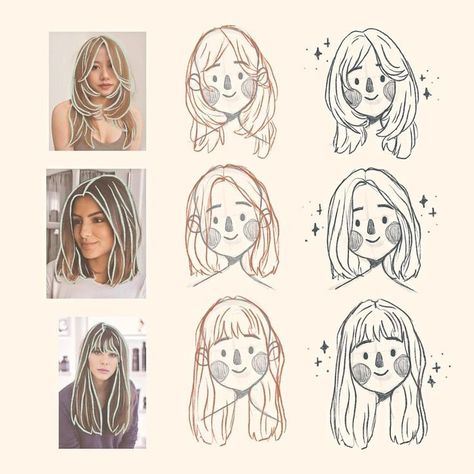 Illustration Reference Photos, How To Draw Hair Cartoon Style, Drawing In Different Styles Challenge, Character Drawing Styles, Hairstyles For Very Straight Hair, How To Draw Cute Characters, Straight Hair Reference Drawing, How To Draw Straight Hair, Children Drawing Reference