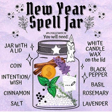 @mysticwitchofthemoon on Instagram: “Love this new years blessing and prosperity spell jar🖤 Credit- @losillewitch . . #witchy #witchesofinstagram #wiccansofinstagram…” New Year Spell, Witch Ideas, Hearth Witch, Dream Spell, Witches Jar, Witchcraft Spells For Beginners, Spells For Beginners, Jar Spells, Witch Bottles