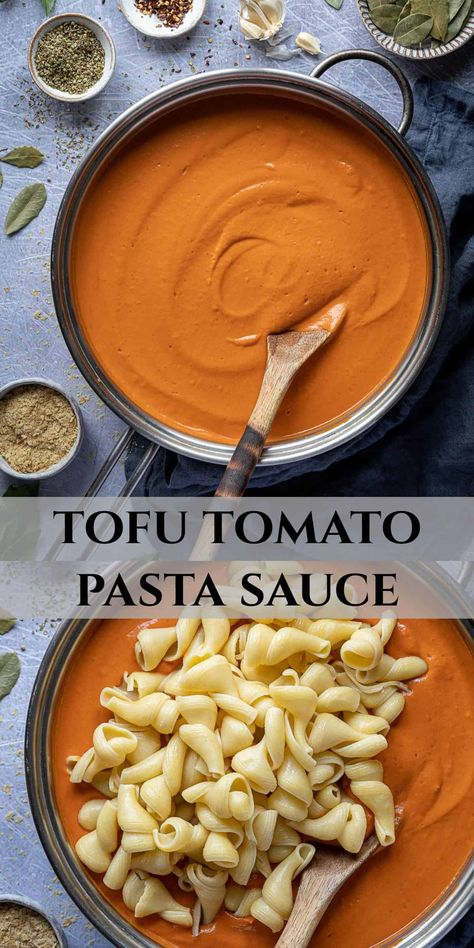 Pinterest collage image. Domestic Gothess Recipes, Vegan Recipes Quick, Tomato Vegan Recipes, Vegaterian Lunch Meals, Tofu Pasta Sauce, Plant Based Pasta, Vegetable Pasta Sauce, Vegetarian Pasta Sauce, Simple Vegetarian Recipes