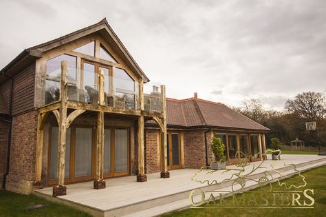 Stunning single storey glazed oak extension - Oakmasters. Oak framed glazed balcony. Two Storey Oak Frame Extension, Oak Balcony, Glass Mezzanine, Glass Balcony Ideas, Balcony Pergola, Oak Extension, Oak Framed Extensions, Cottage Extension, Oak Frame House