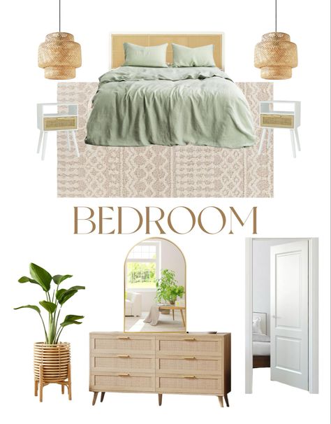 I created this mood board for my apartment I'm moving into soon! It has tons of boho elements like rattan, bamboo, light wood, sage green, plants, Moroccan rug and natural light! Shop most of these items in my Amazon storefront linked below Sage Green Mood Board, Sage Green Plants, Boho Bedroom Decor Ideas, Boho Elements, Bamboo Light, Bedroom Essentials, Green Bedding, My Apartment, Boho Bedroom Decor