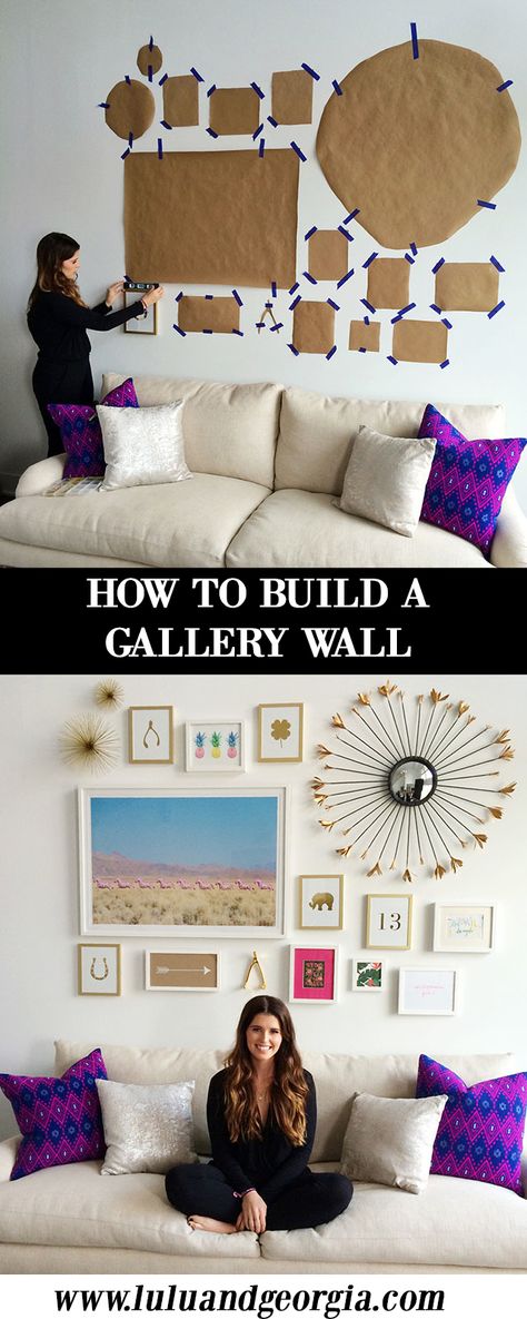 HOW TO: Building a Gallery Wall. 1. Choose larger pieces as anchors. 2. Choose a color scheme. 3. Play with scale - vary the size and orientation of the art. 4. Keep at least 1.5" - 3" between each piece. 5. Allow at least 6" between the couch and the first frame. 6. Use 2 to 3 styles of frames. 7. Use different mediums of art - photography, art prints, gift wrap, decorative objects, etc. Design Salon, Wall Gallery, Apartment Living, Decoration Design, 인테리어 디자인, Design Interior, Modern Living Room, Home Deco, Home Projects