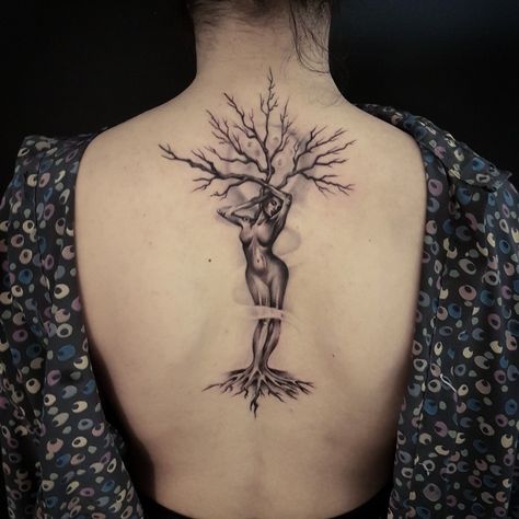 Tree Woman Tattoo, 1920s Club, Woman Tree Tattoo, Tree Tattoo Black, Woman Tree, Sunflower Tattoo Shoulder, Upper Back Tattoos, Tree Tattoo Designs, Vine Tattoos