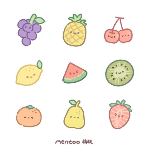 Cute Drawing Ideas Easy Kawaii Food, Kawaii Fruits Illustration, Fruits Cute Drawing, Cute Sticker Ideas To Draw Easy, Kawaii Fruit Drawing, Fruit Cute Drawing, Cute Food Doodles Kawaii, Cute Fruits Drawings, Fruit Drawing Cute