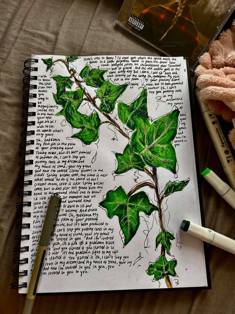 ivy 
taylor swift
art
drawing
plants
autumn 
autumn aesthetic
fall
evermore
folklore Taylor Inspired Drawings, How To Draw Ivy, Taylor Swift Inspired Drawings, Taylor Swift Art Painting, Taylor Swift Birthday Cards, Painted Journal Covers, Sketch Book Aesthetic, Taylor Swift Inspired Paintings, Taylor Swift Watercolor