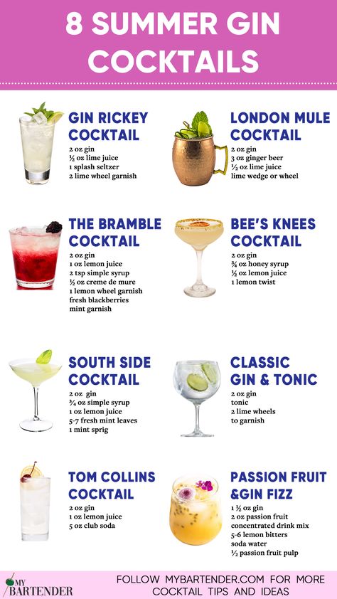 Summer Gin Cocktails Best Gin Cocktails Recipe, Drinks Made With Gin, Fresh Cocktails Summer Drinks, Cocktails Recipes Gin, Gin Mixed Drinks Recipes, Drink Mixes Alcohol, Coctails Recipes Sweet, Cocktail Night Recipes, Dry Gin Recipes Drinks