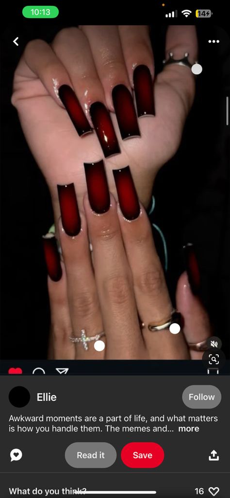 Red With Black French Tips, Black French Tip Nails With Red Gems, Black With Red Underneath Nails, Red French Tip Nails Halloween, Black And Red Nails With Rhinestones, Red Nails With Black French Tip, Red And Black Acrylics, Red And Black French Tip Nails, Black And Red French Tip Nails